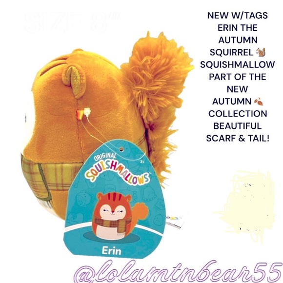 NWT ERIN THE SQUIRREL SQUISHMALLOW W/SCARF-PART OF THE NEW AUTUMN COLLECTION 5โ - Picture 3 of 6